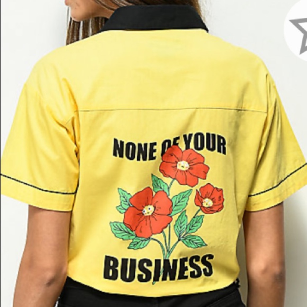 “NONE OF YOUR BUSINESS” Yellow Tie Front Button Up